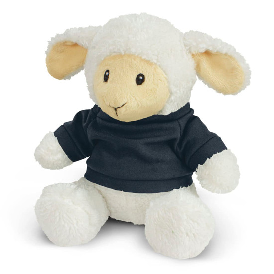 A plush lamb toy with cream and white fur, wearing a dark sweatshirt. It has soft ears and a friendly face.