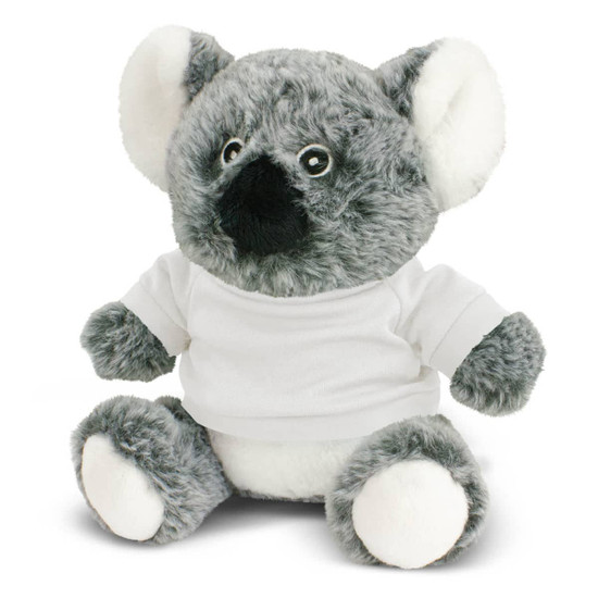 A grey koala plush toy with white accents, wearing a plain white shirt. It has large eyes and a friendly expression.