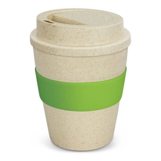 A drink bottle in a natural colour with a green silicone band and a lid opening for sipping. It has a branded logo.