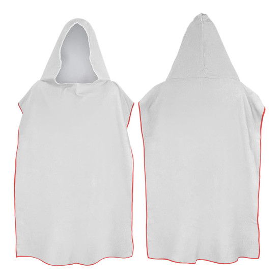 A white adult hooded towel with red trim, featuring a hood and an overall poncho-style design.