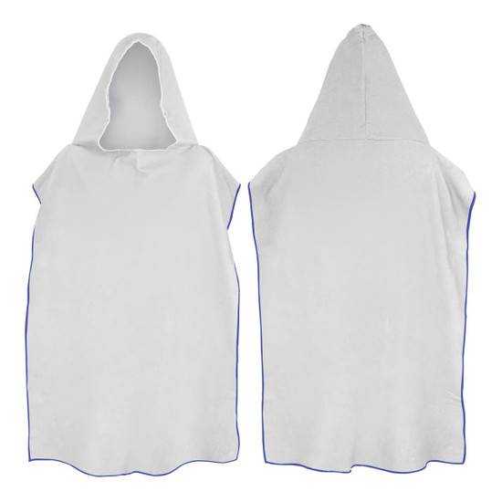 A white adult hooded towel with blue trim, featuring a large hood and a poncho-style design. It has branding on it.