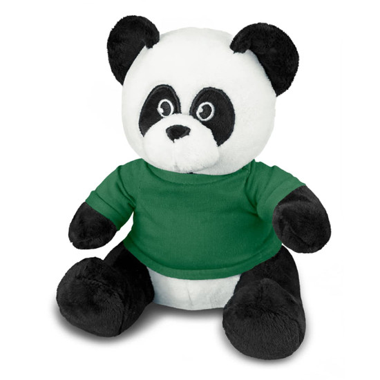 A panda plush toy featuring a black and white design, wearing a green shirt. It has a friendly expression and soft texture.