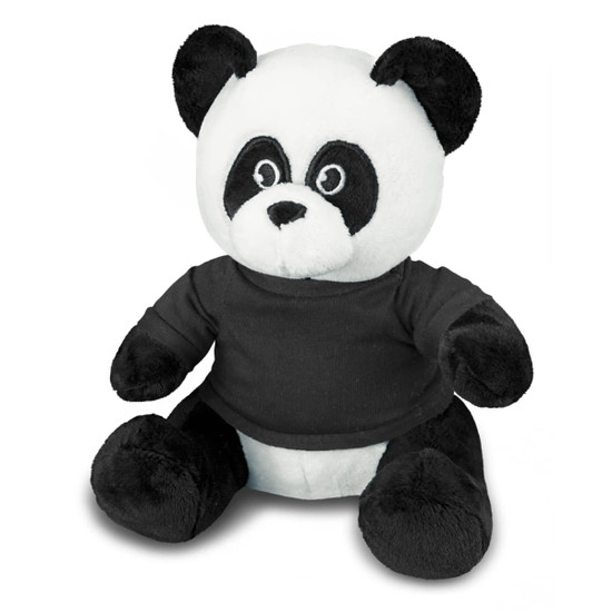 A plush panda toy with black and white fur, wearing a black shirt and large, round black eyes. It has a soft, cuddly appearance.