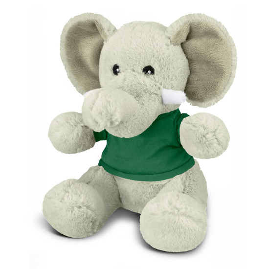 A plush grey elephant toy wearing a green shirt, featuring large ears and a cute facial expression.
