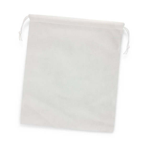 A large drawstring gift bag in a light grey colour featuring a pull string closure. It has a simple design and a logo.