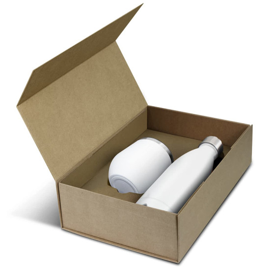 A white vacuum drink bottle and a white tumbler inside a brown cardboard gift box. The box is partially opened.