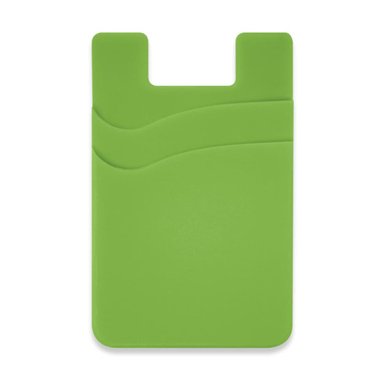 A green silicone phone wallet with two compartments and a logo. Suitable for attaching to mobile phones.