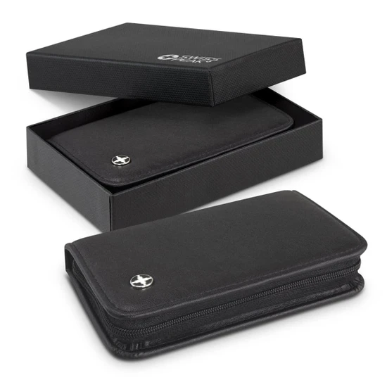 A black manicure set with a zip closure in a black presentation box. The set includes various grooming tools.