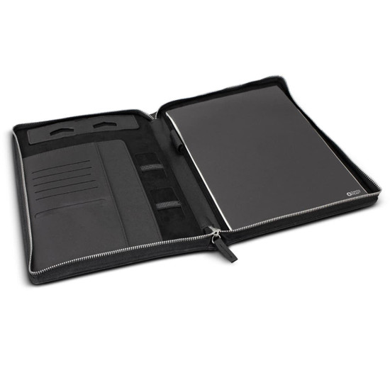 A black A4 portfolio with a zipper, featuring interior pockets and a sleek design for organisation.