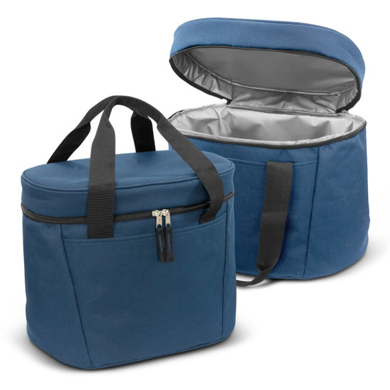 A blue cooler bag with a zippered front pocket and black handles, featuring a removable lid and insulated interior.