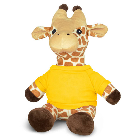 A plush giraffe toy in brown and tan, wearing a yellow top, sitting upright.