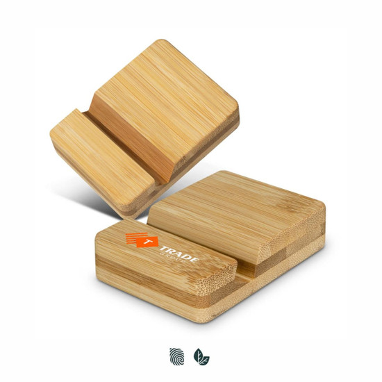 A bamboo phone stand featuring a sleek design and natural wood finish, with branding visible on one side.