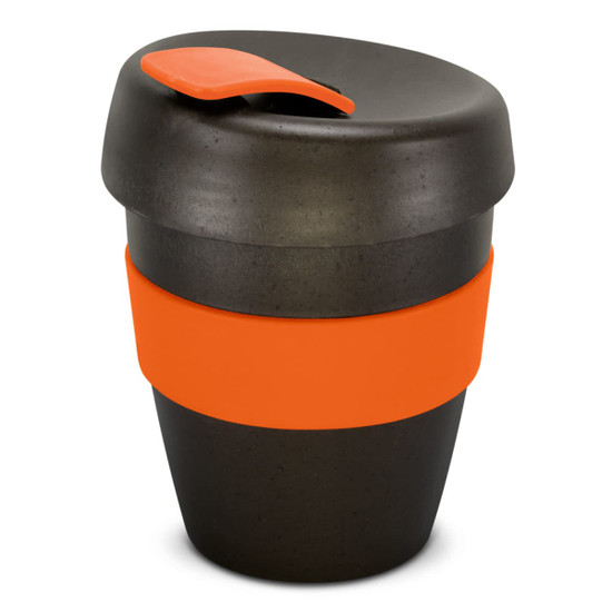 A drink bottle in black with an orange silicone band and lid, featuring a curved design and a logo.