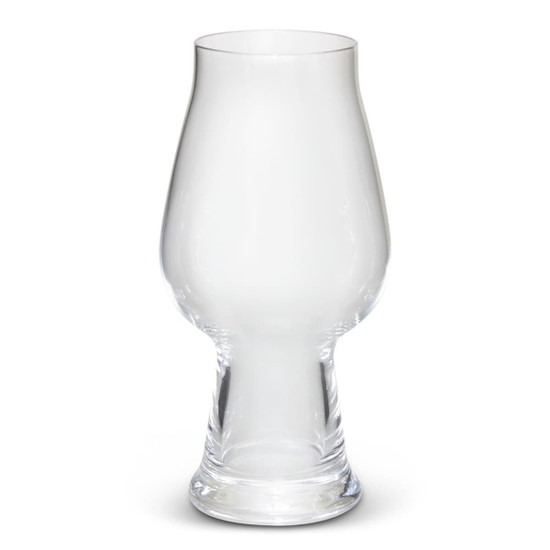A clear glass beer glass with a unique shape, featuring a wide base and flared top, perfect for beer.