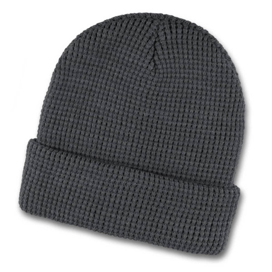 A dark grey waffle knit beanie with a folded cuff and textured design, featuring a logo.