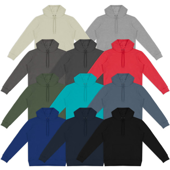 A collection of unisex hoodies in various colours, including grey, red, black, and green, with a simple design.