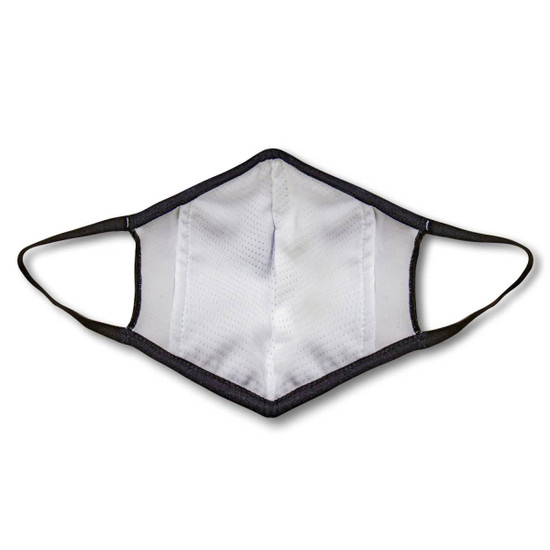 A custom face mask in black with a textured white interior and elastic ear loops. It features a logo.