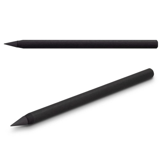 A black Kraft pen with a sleek metal design, featuring a pointed tip and a textured grip, accompanied by a logo.