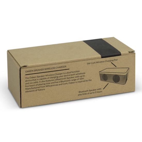 A rectangular box for the NATURA Oaken Speaker Wireless Charger, featuring a cork design and a logo.