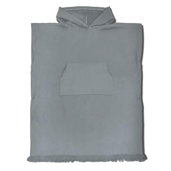 A grey hooded towel with a front pocket and fringed edges, featuring a logo.