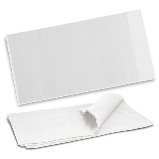A white waffle towel folded showing texture, featuring a logo on one corner. Ideal for bath use.