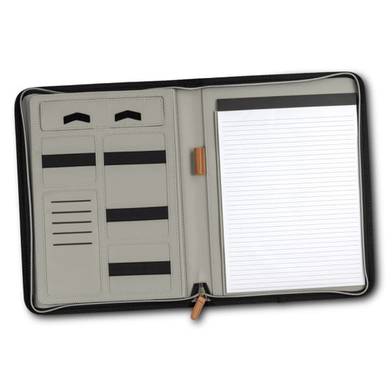 A black Nirvana Portfolio with grey interior features card slots, elastic bands, and a lined notepad.