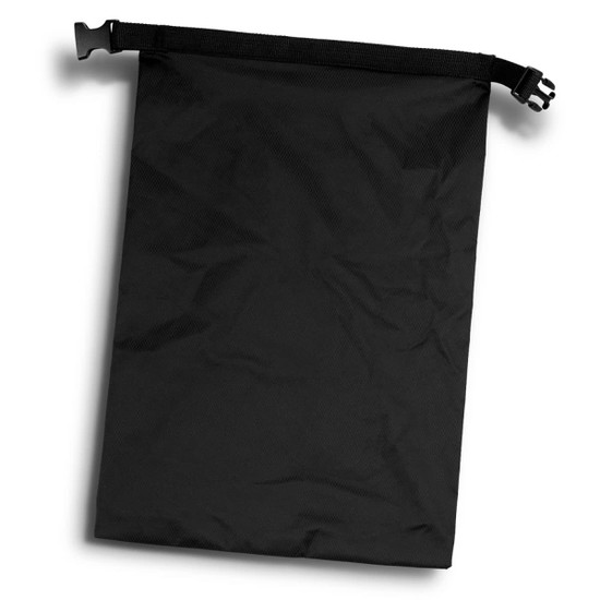 A black lightweight dry bag with a roll-top closure and a buckle clip. It has a textured surface.