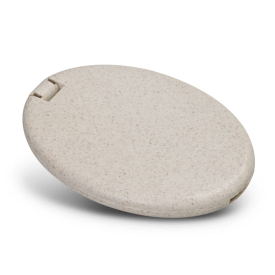 A compact sewing kit in a light beige case, oval-shaped with a smooth finish and a small clasp.