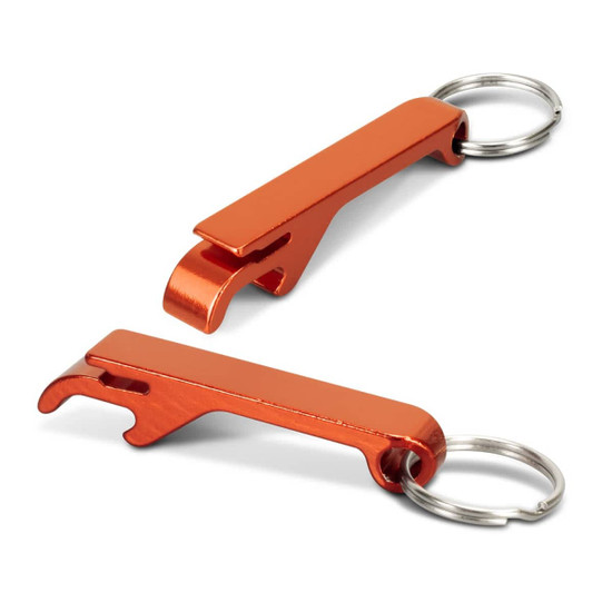 An orange metal bottle opener key ring with a sleek design and a keyring attachment.