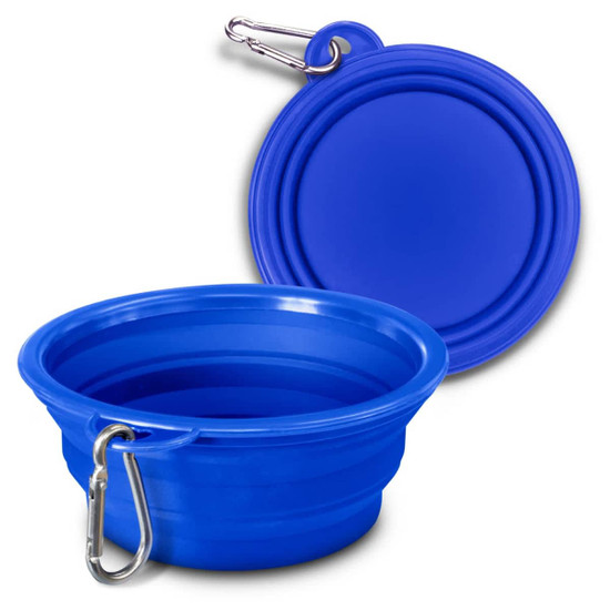 A blue silicone collapsible pet bowl with a carabiner for easy attachment. The bowl can be folded flat for storage.