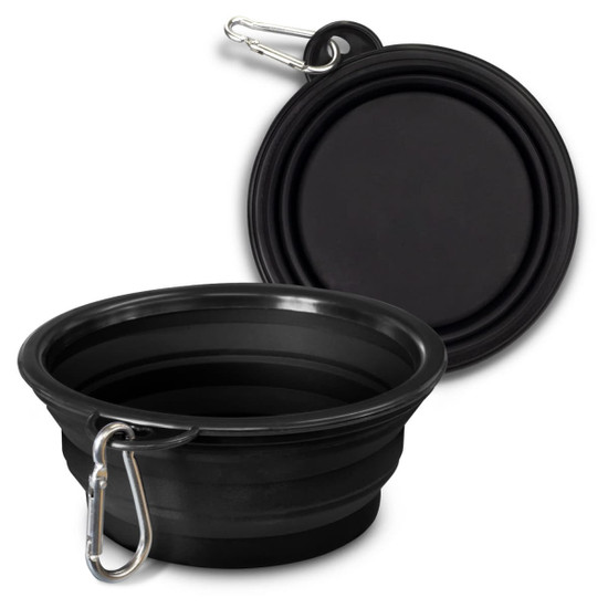 A black silicone collapsible pet bowl with a carabiner and a flat circular lid.