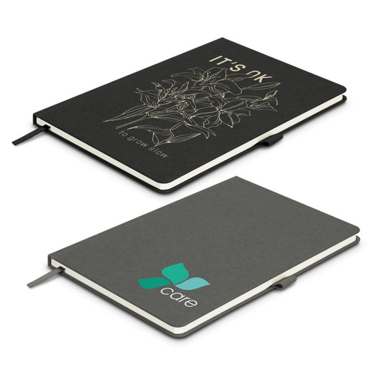 A black notebook with a floral design on the front and a grey back cover featuring a logo.