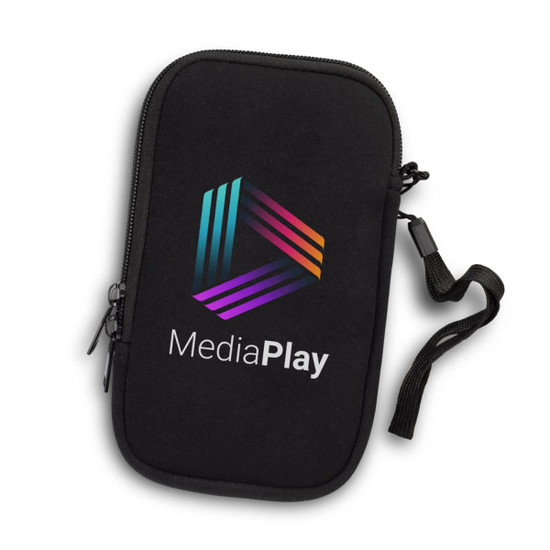 A black phone sleeve with a zip closure and a logo featuring multi-coloured diagonal stripes.
