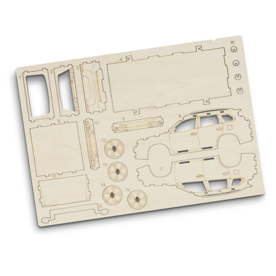 A wooden model sheet featuring parts to assemble a SUV, including car body and wheels, in a light coloured finish.