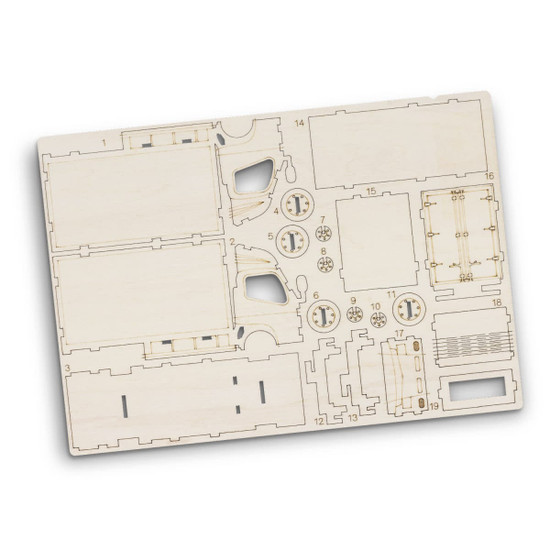 A wooden model kit for a small truck featuring laser-cut pieces in natural wood colour. Includes details for assembly.