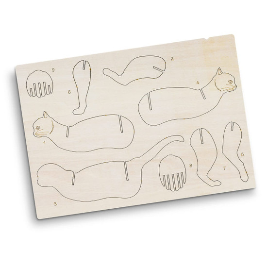 A wooden model kit featuring outlined pieces to construct a cat, crafted from light-coloured wood.