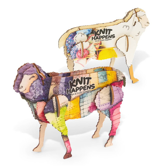 A wooden model of a sheep, featuring vibrant colours and patterns, with one model partially assembled.