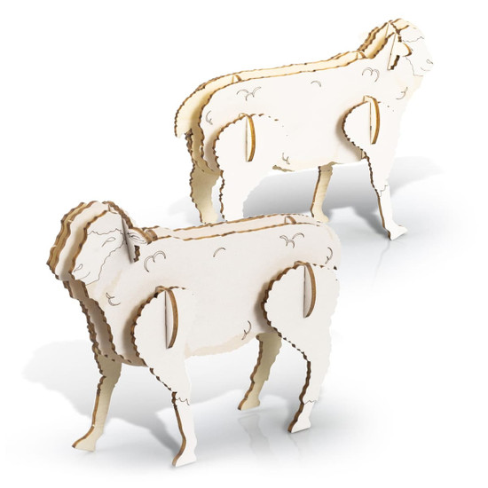 A wooden model of sheep in white, featuring a layered design. It has a logo on the base.