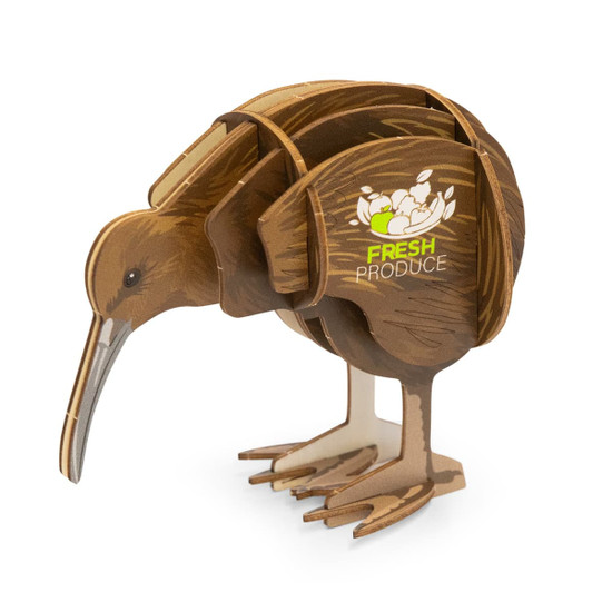 A wooden model of a kiwi bird in brown tones, featuring a branding logo. Fun and novelty item for enthusiasts.