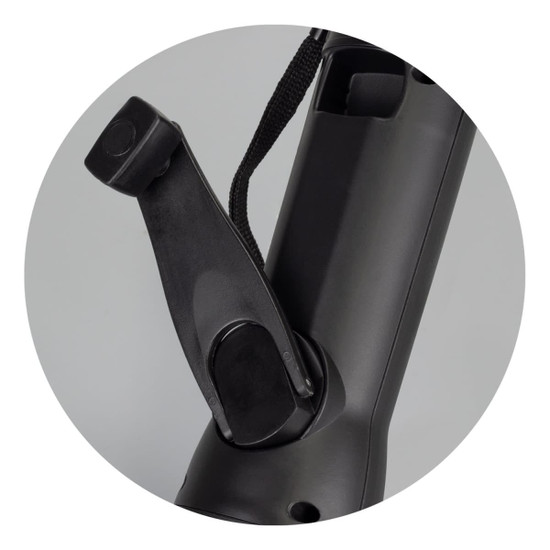 A black Dynamo Rechargeable Torch with a side lever and a wrist strap for easy carrying. Features a branding logo.