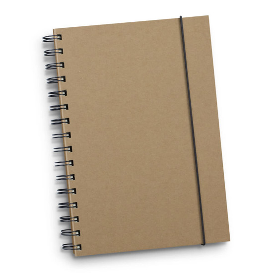A brown spiral notebook with an elastic band closure features black spirals and a plain cover.
