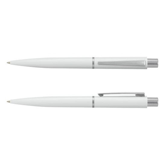 A set of two white plastic pens with silver accents, featuring a sleek design and a clip for convenience.