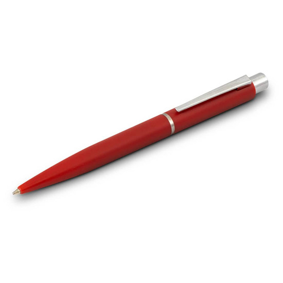 A red plastic pen with a silver clip, featuring a sleek, smooth design and a branding logo.
