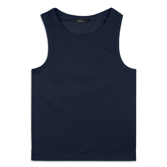A navy blue men's sports tank top with a simple design and a logo. Ideal for athletic wear.