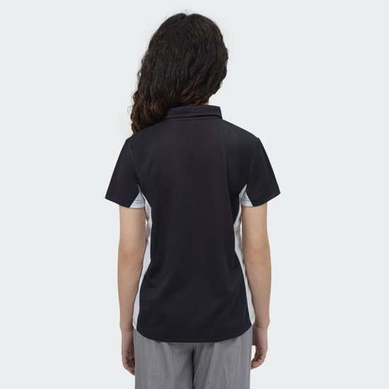 A women's polo shirt in black and grey, featuring a collar and contrasting side panels, with a logo on the back.