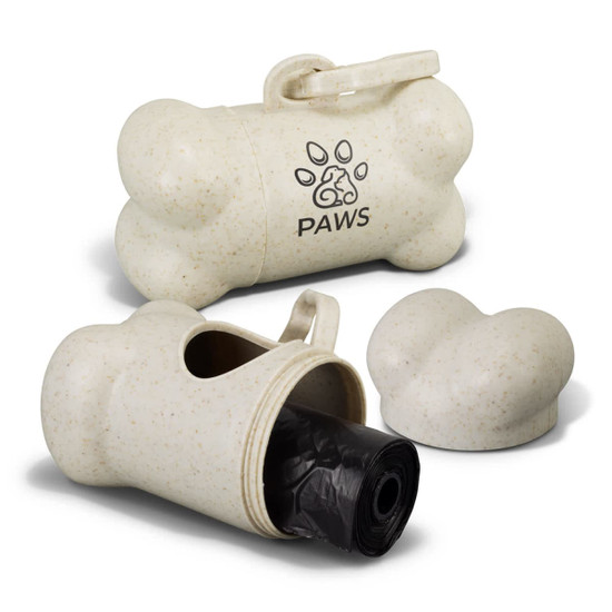 A bone-shaped pet bag dispenser in a natural colour, with a removable lid and a roll of bags inside. It features a logo.