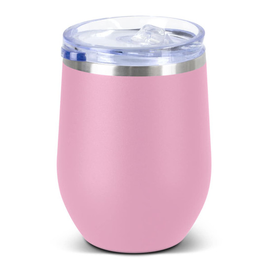 A drink bottle with a pink matte finish, stainless steel band, and a clear lid. Features a logo on the side.