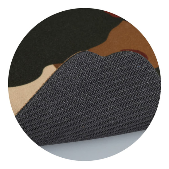 A custom mouse mat featuring a camouflage design with a textured grey underside.