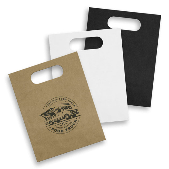 A set of three medium die cut paper bags in brown, white, and black, featuring a logo design on the brown bag.