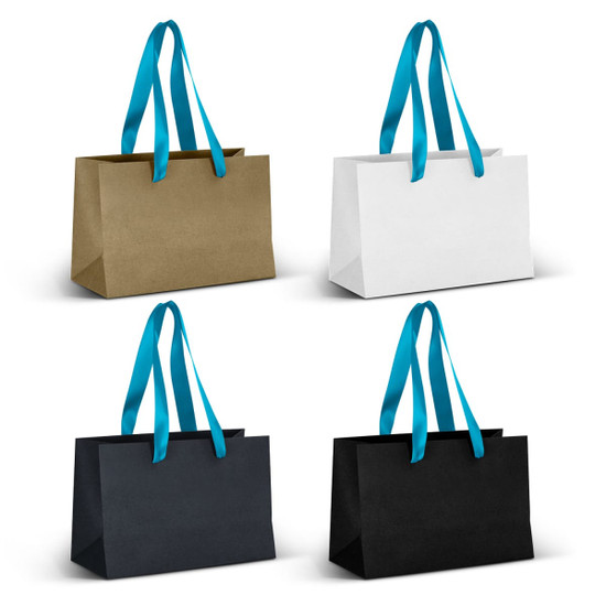 Four small ribbon handle paper bags in gold, white, black, and blue with bright blue handles. Each bag has a logo.